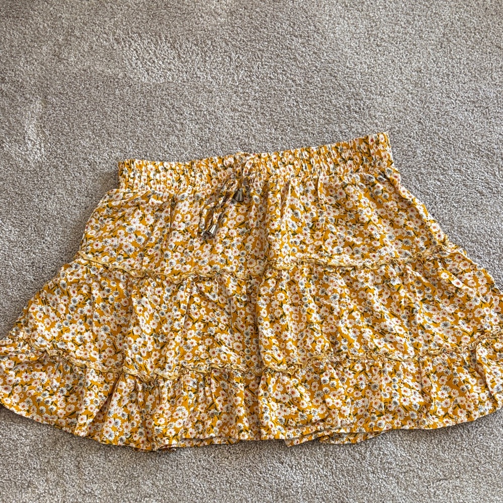 Yellow Floral Tiered Mini Skirt